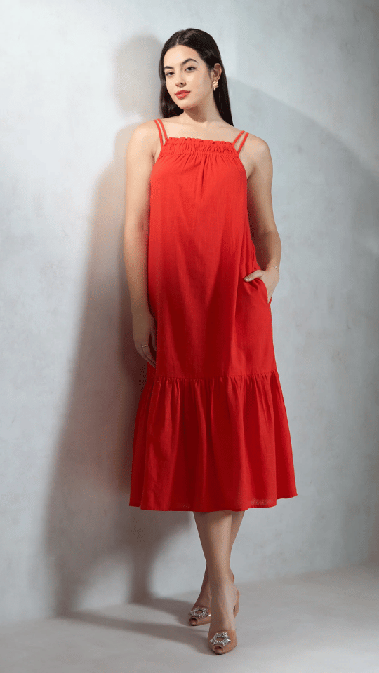 Red Cherry Coral Midi Dress