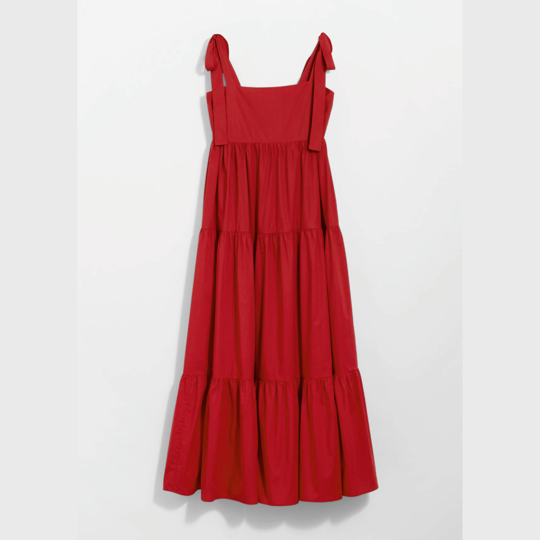 Red Tiered Tie-Strap Midi Dress