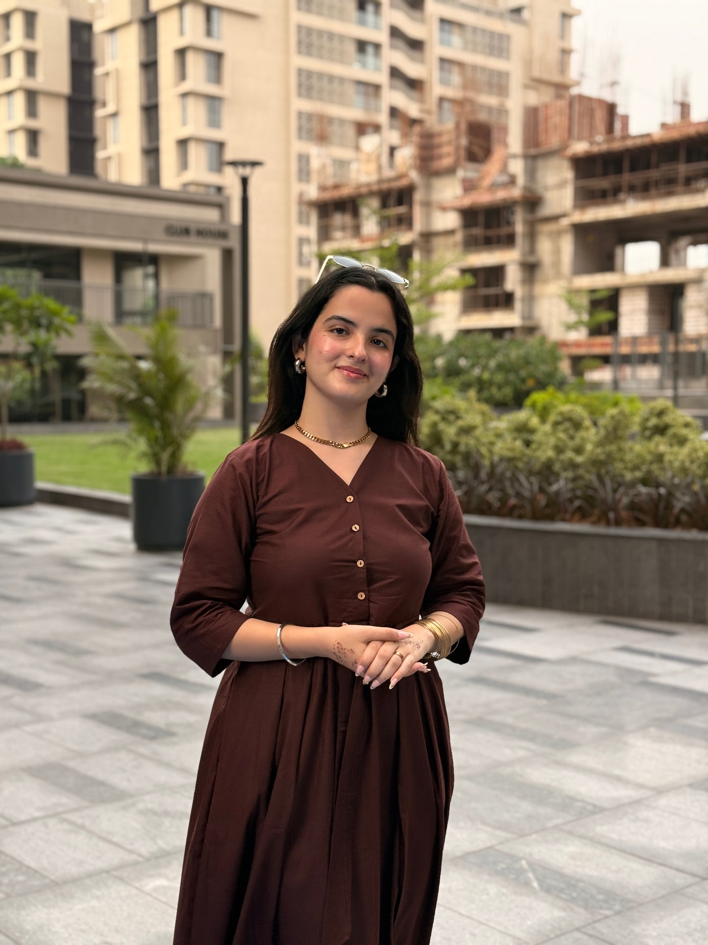 Brown A-line Cotton Dress