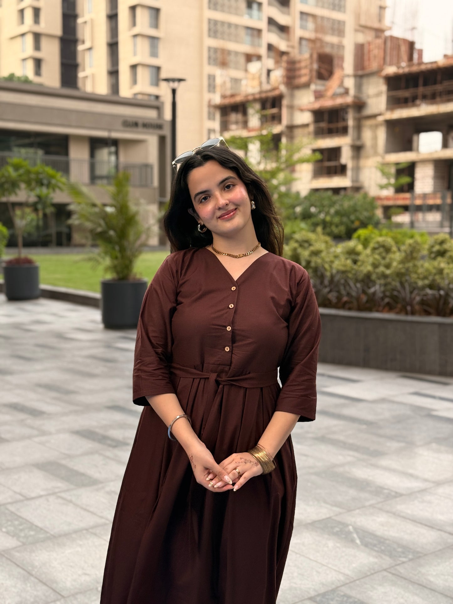 Brown A-line Cotton Dress