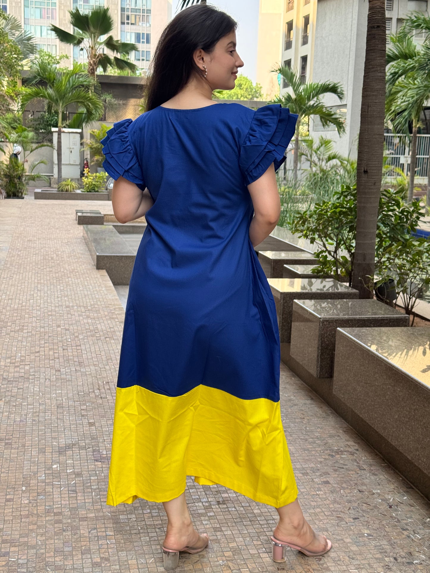 Blue & Yellow Frill Maxi Dress