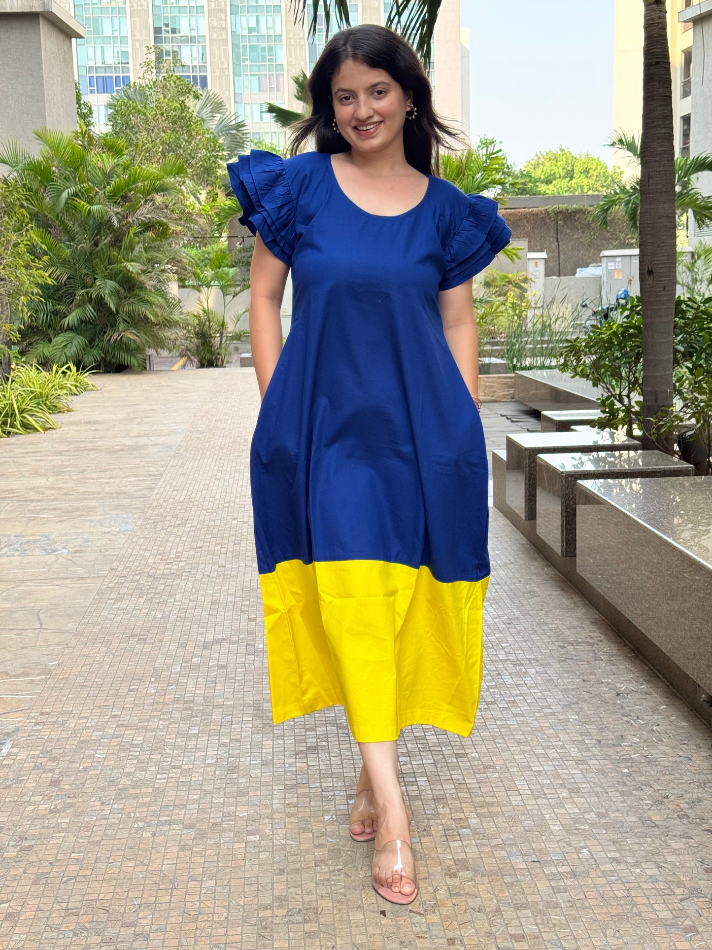 Blue & Yellow Frill Maxi Dress