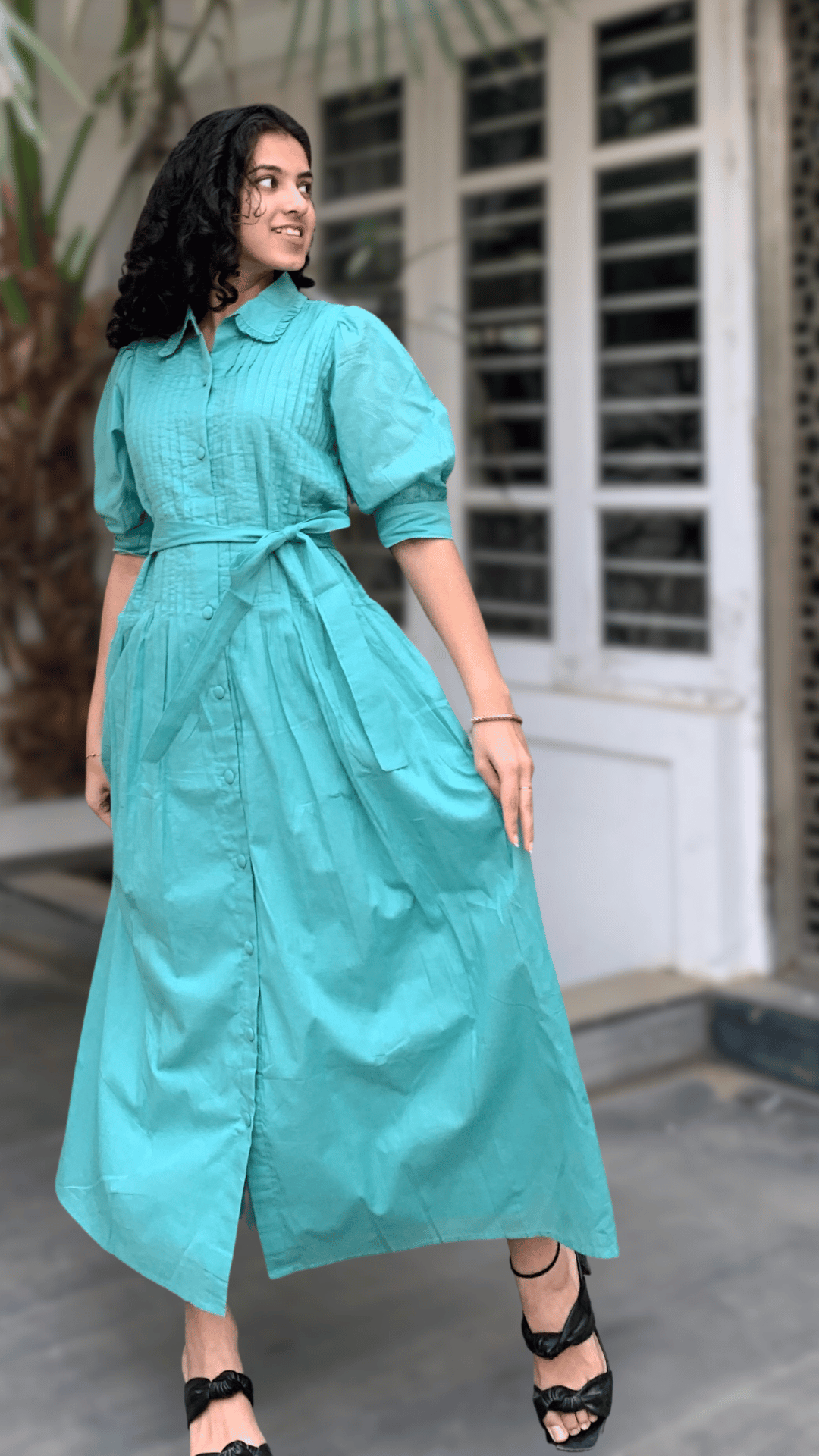 MulMul Teal Pintux Shirt Dress