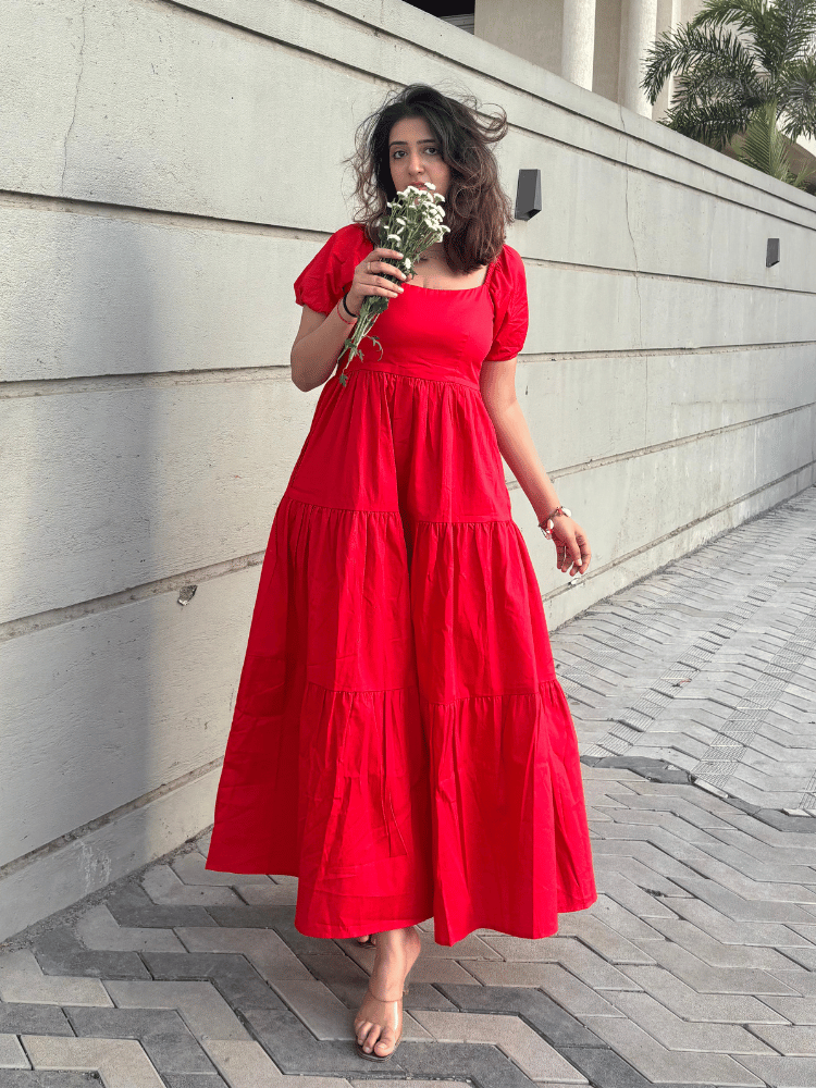 Red Flare Puff Sleeve Dress
