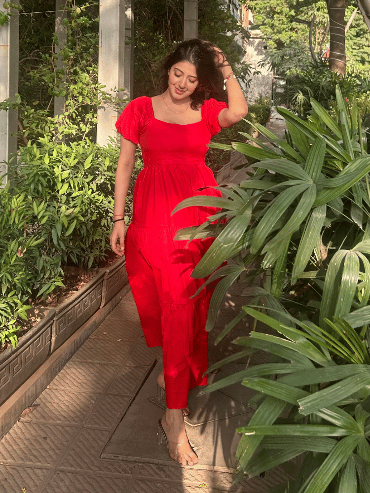 Red Flare Puff Sleeve Dress