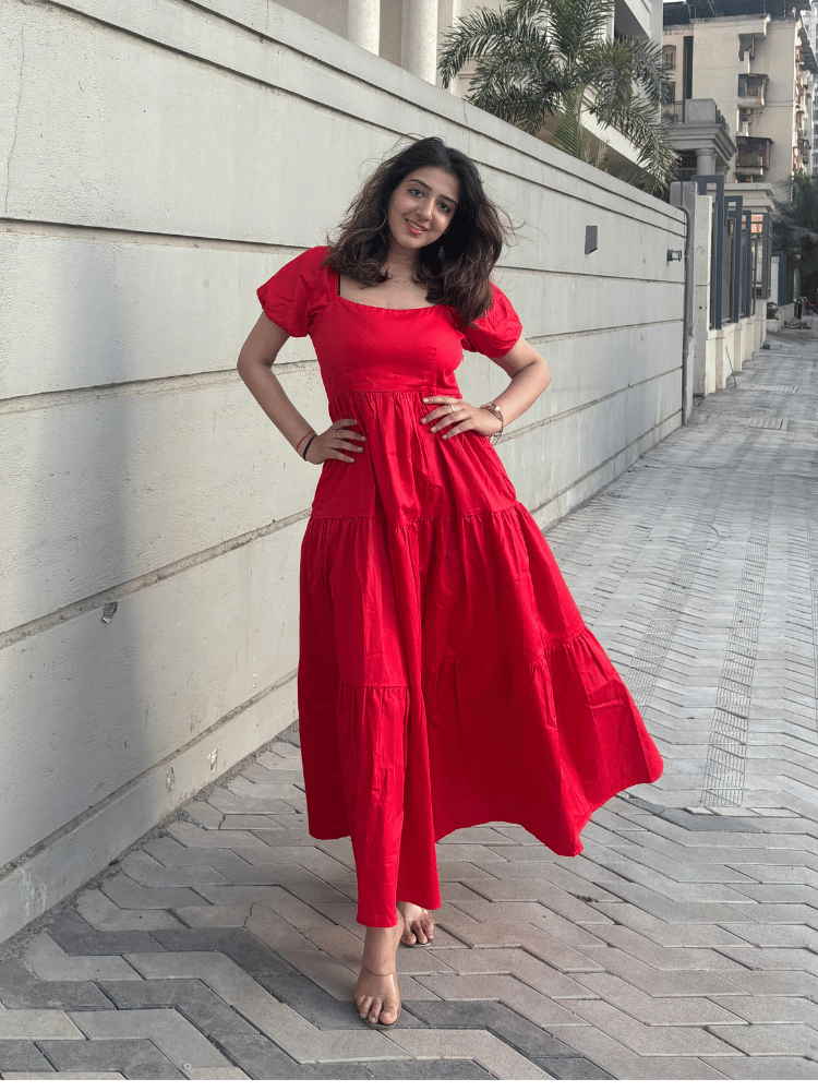 Red Flare Puff Sleeve Dress