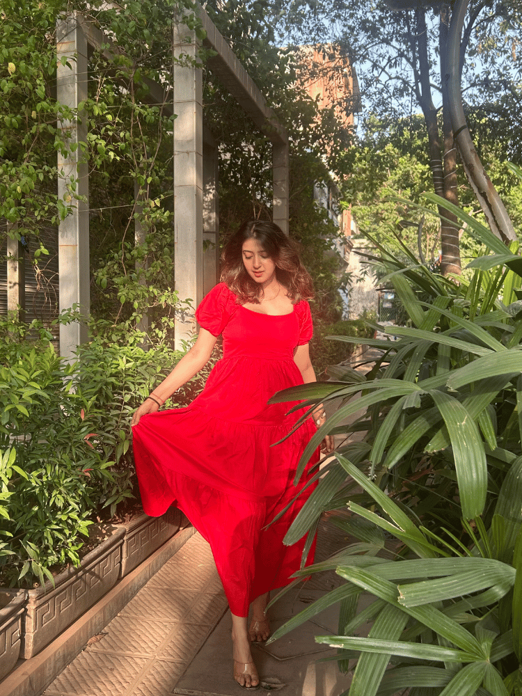 Red Flare Puff Sleeve Dress