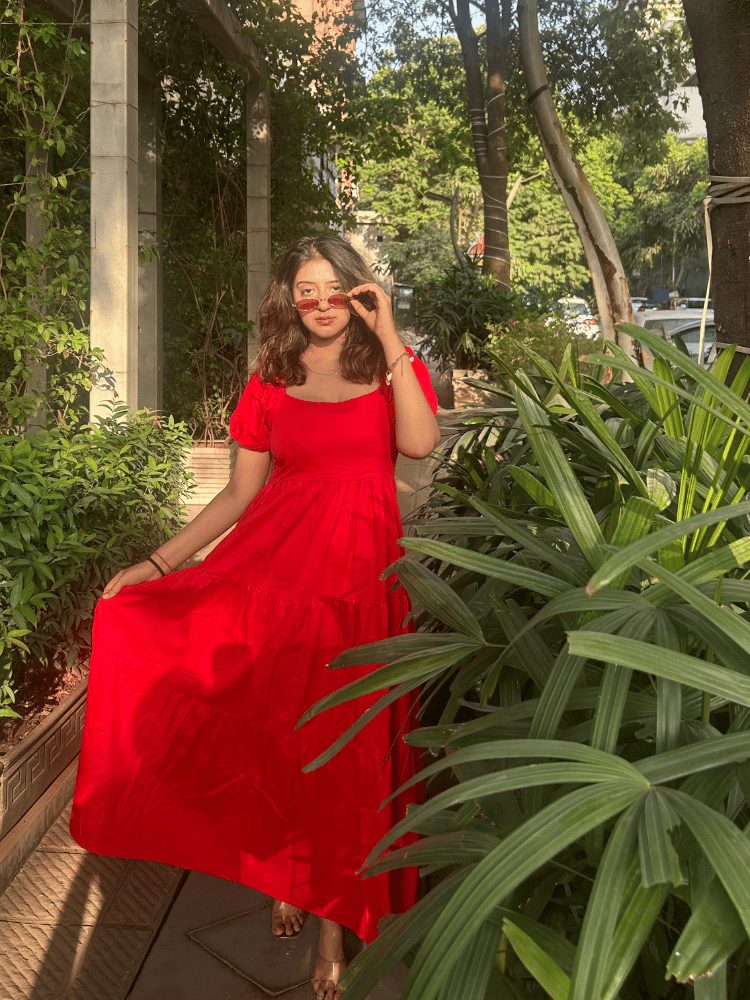 Red Flare Puff Sleeve Dress