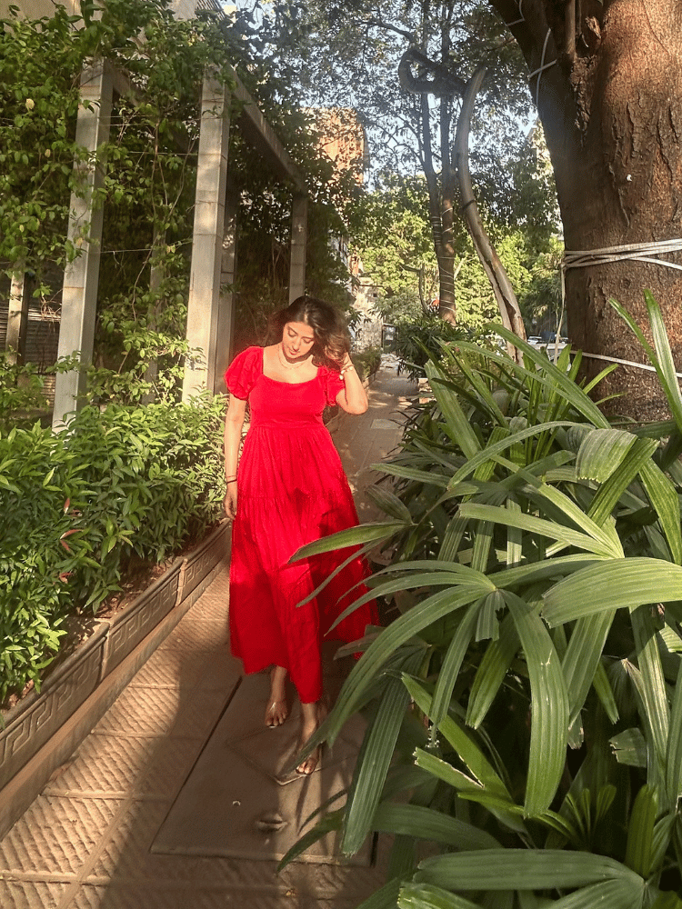 Red Flare Puff Sleeve Dress