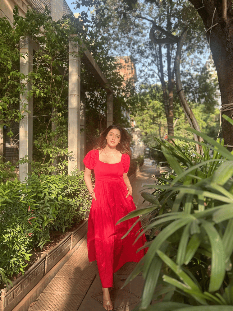Red Flare Puff Sleeve Dress