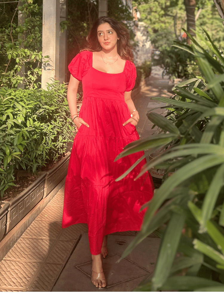 Red Flare Puff Sleeve Dress