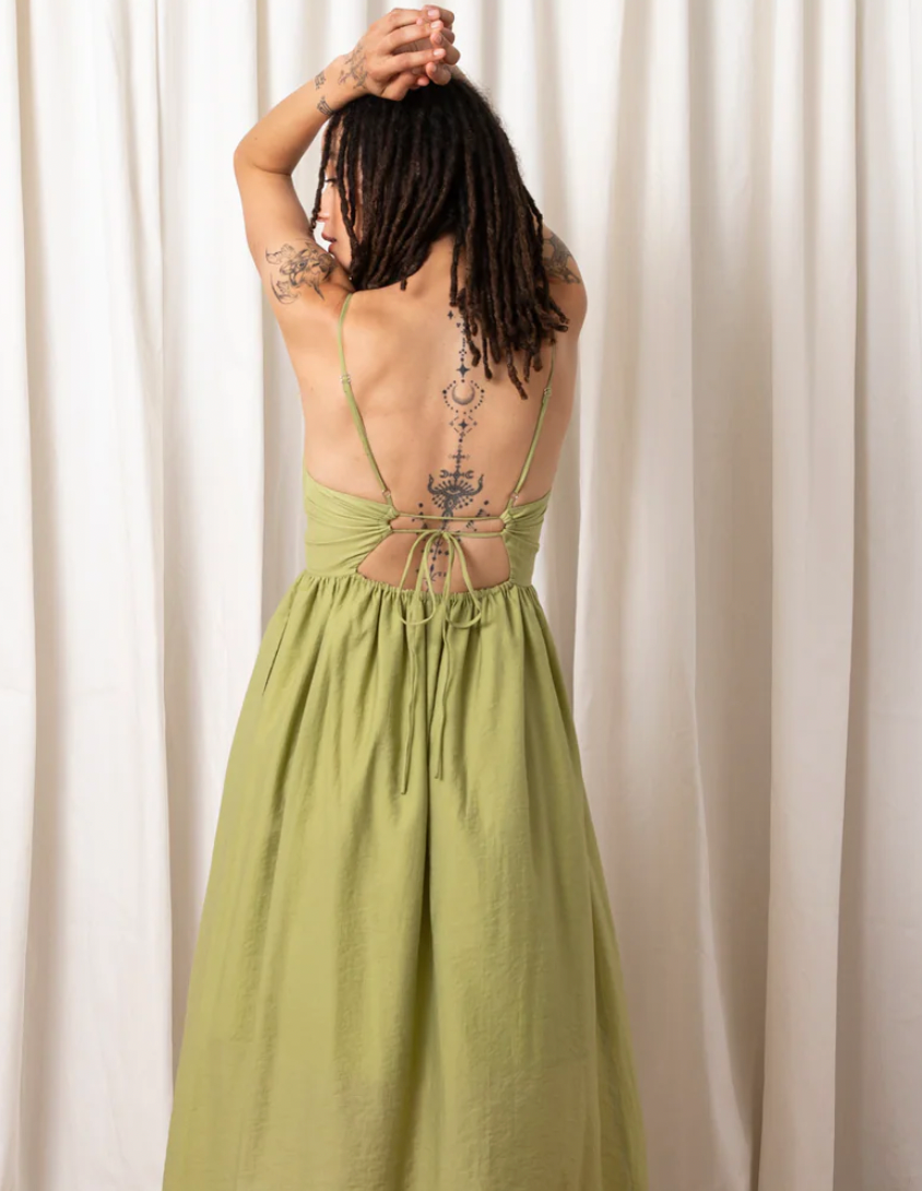 Muted Lime Tie Back Midi Dress