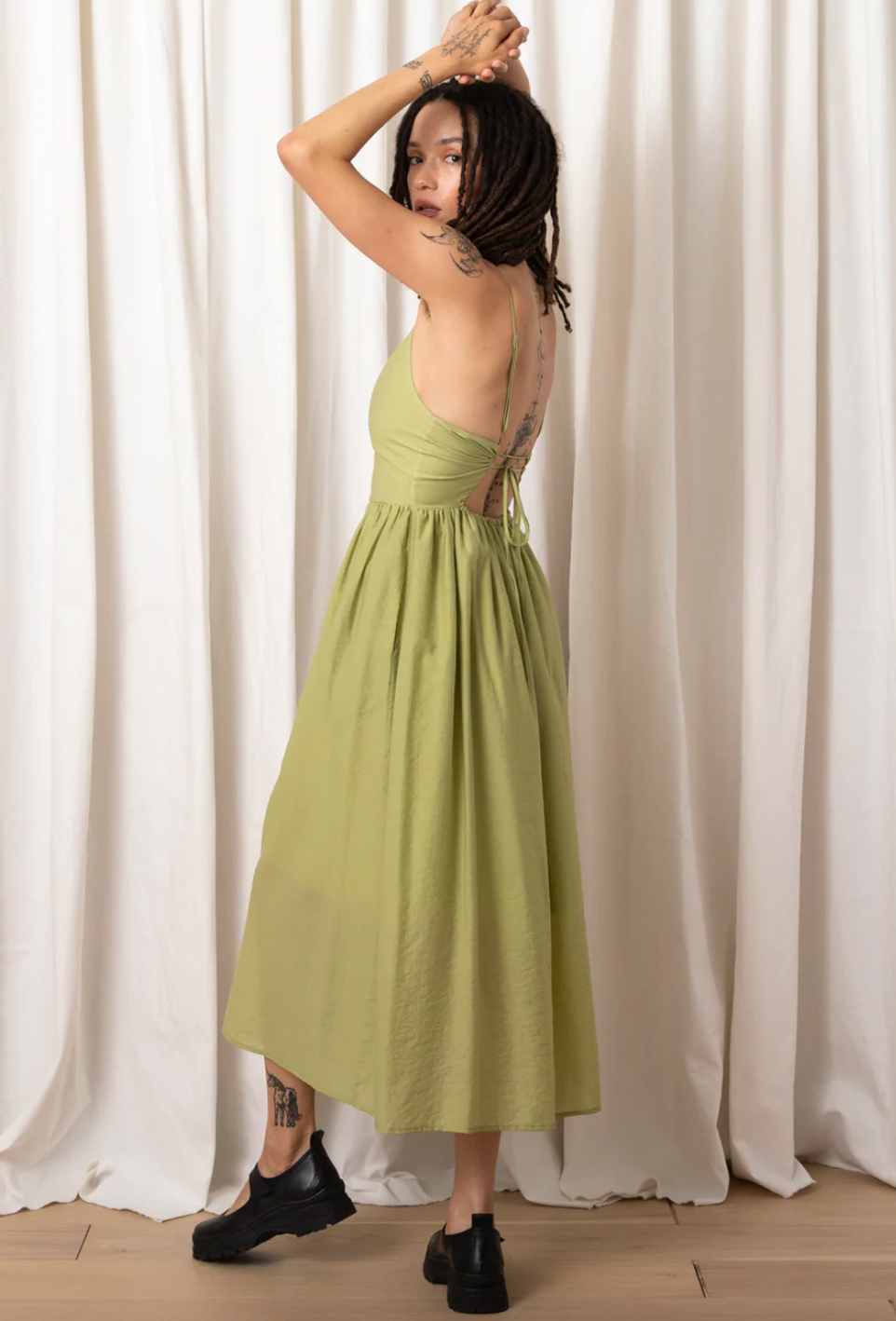 Muted Lime Tie Back Midi Dress