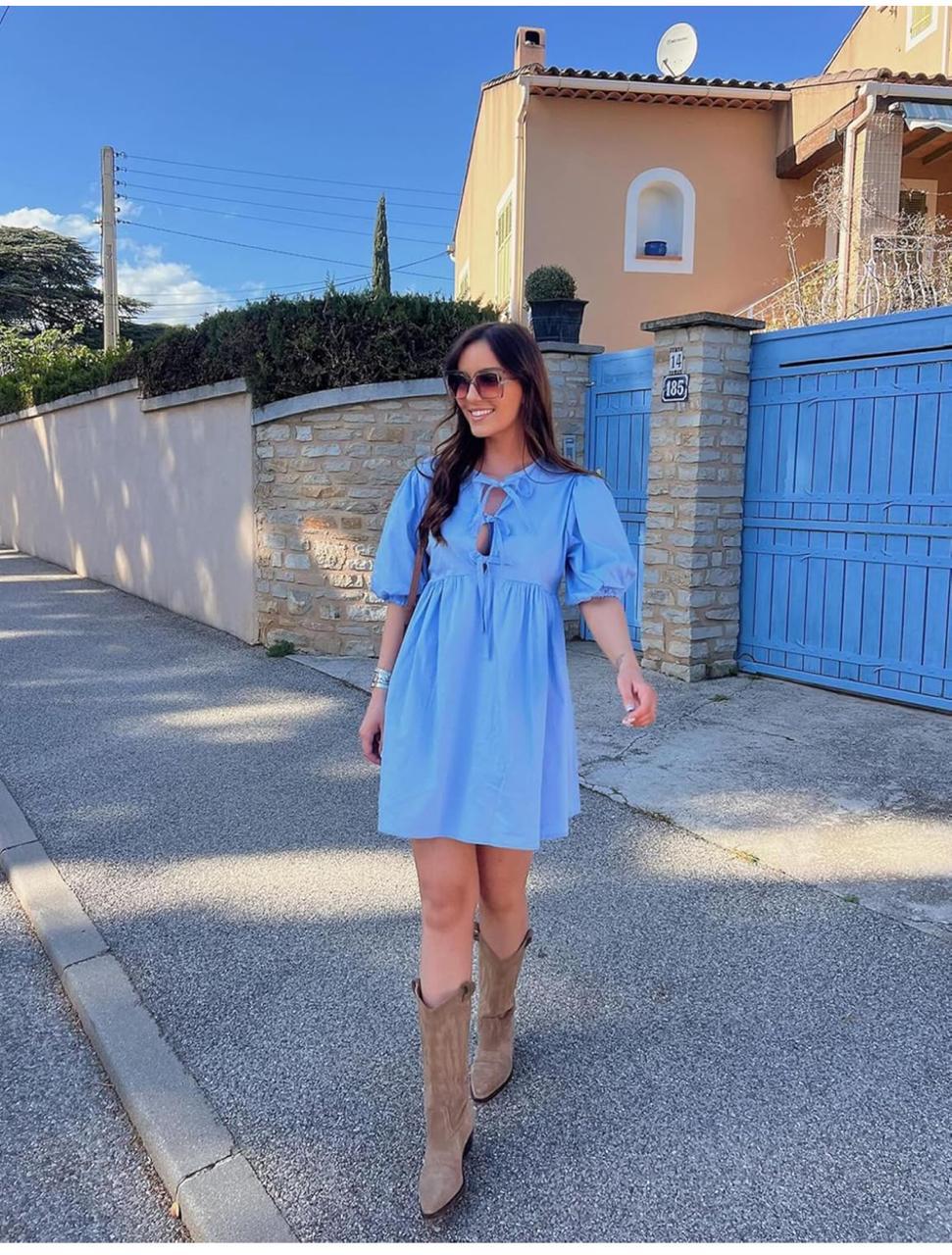 Puff Sleeve Tie-front Cotton Babydoll Dress - Blue
