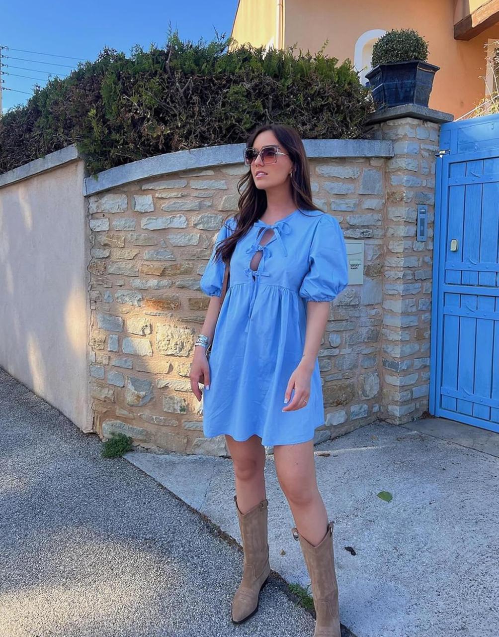 Puff Sleeve Tie-front Cotton Babydoll Dress - Blue