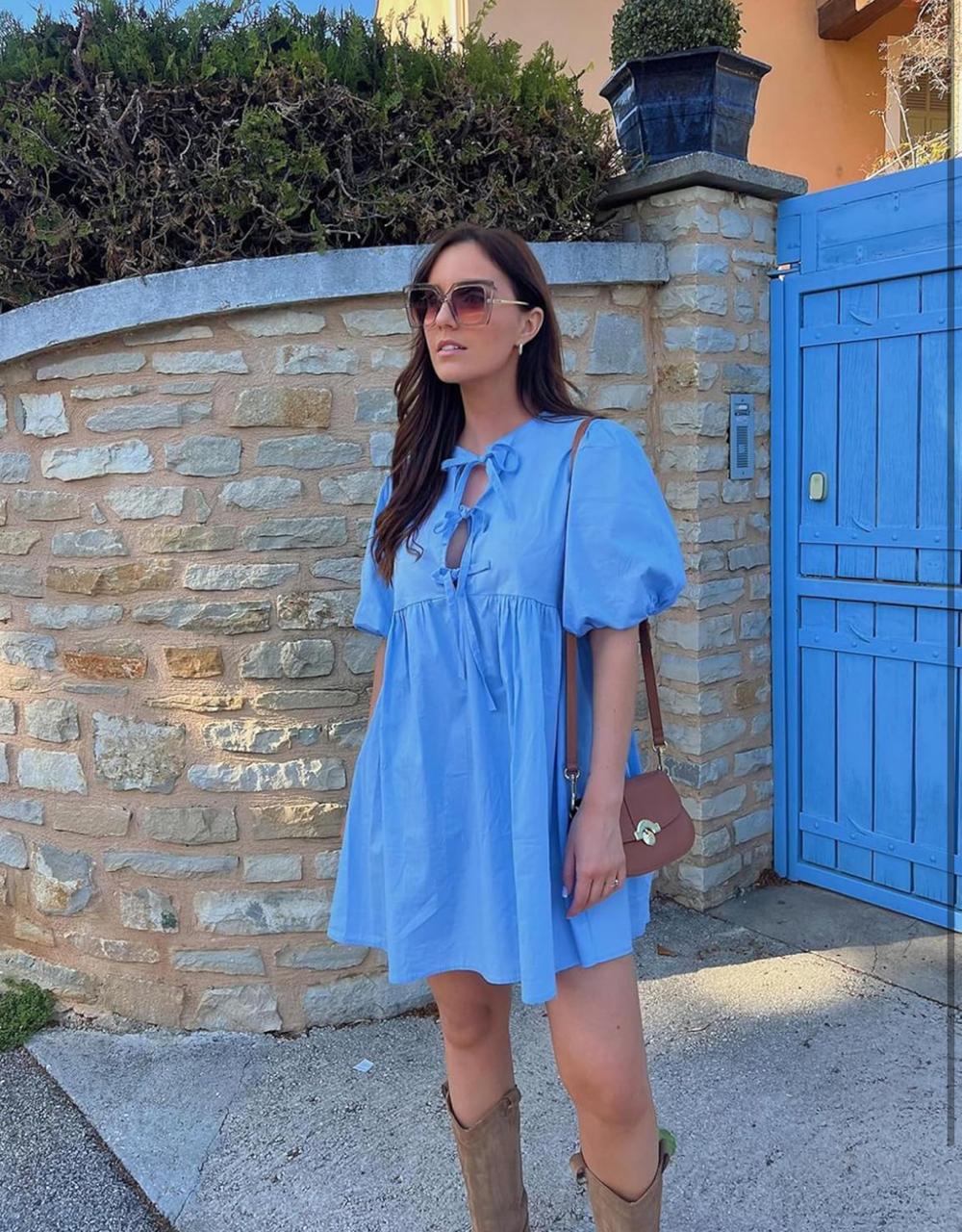 Puff Sleeve Tie-front Cotton Babydoll Dress - Blue