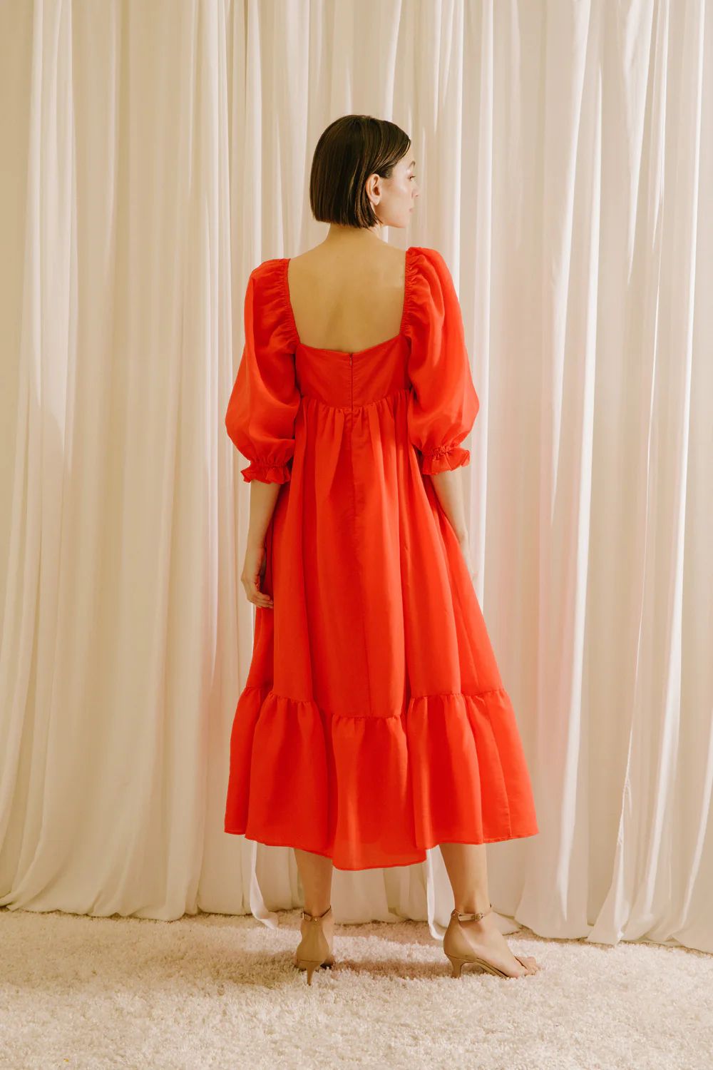 Hot Orange Babydoll Midi Dress