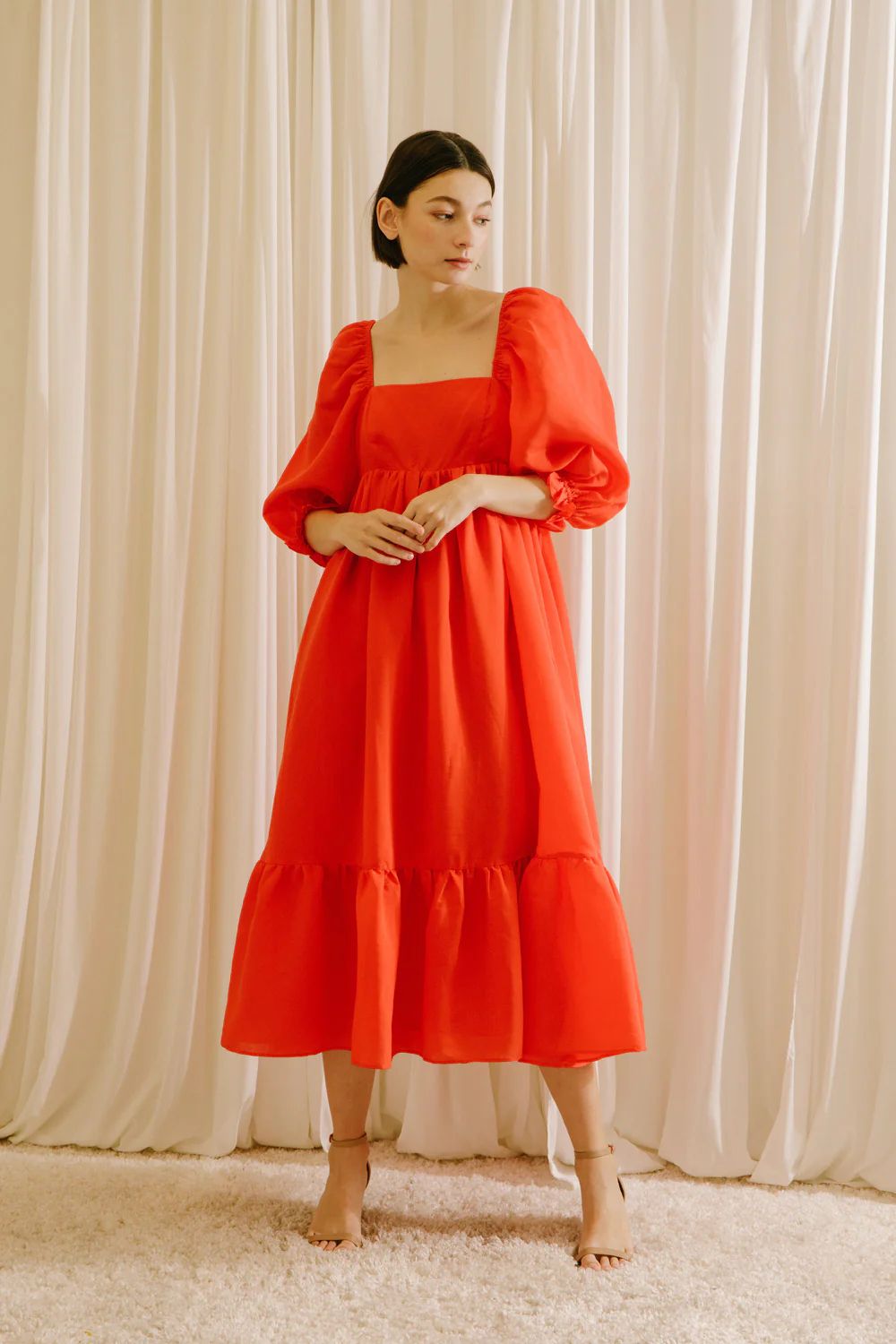 Hot Orange Babydoll Midi Dress