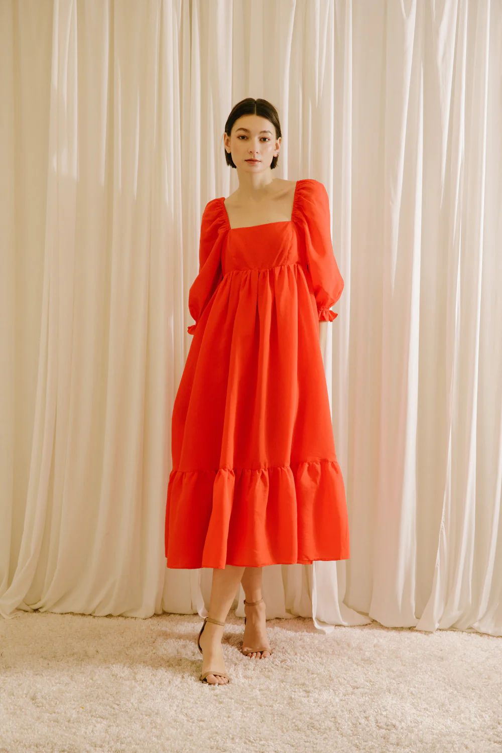 Hot Orange Babydoll Midi Dress