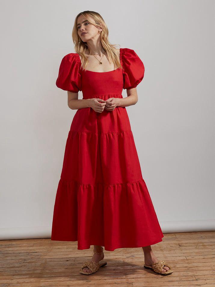 Red Flare Puff Sleeve Dress