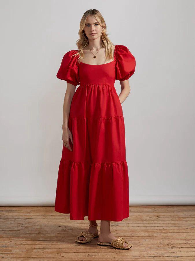 Red Flare Puff Sleeve Dress
