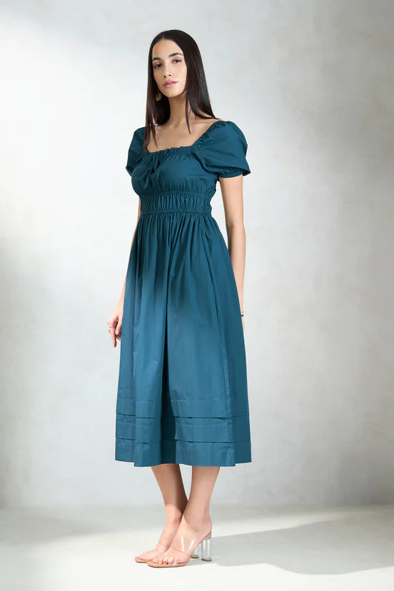 Blue Puff Sleeve Fit & Flare Midi Dress