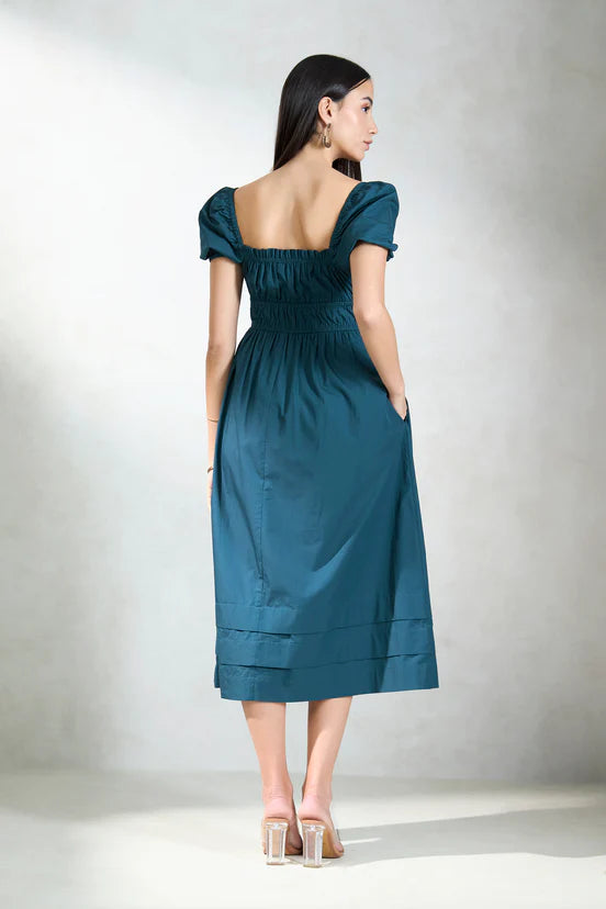 Blue Puff Sleeve Fit & Flare Midi Dress