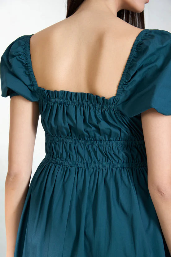 Blue Puff Sleeve Fit & Flare Midi Dress