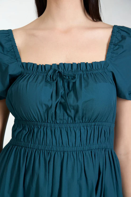 Blue Puff Sleeve Fit & Flare Midi Dress