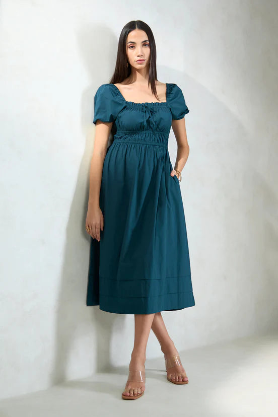 Blue Puff Sleeve Fit & Flare Midi Dress