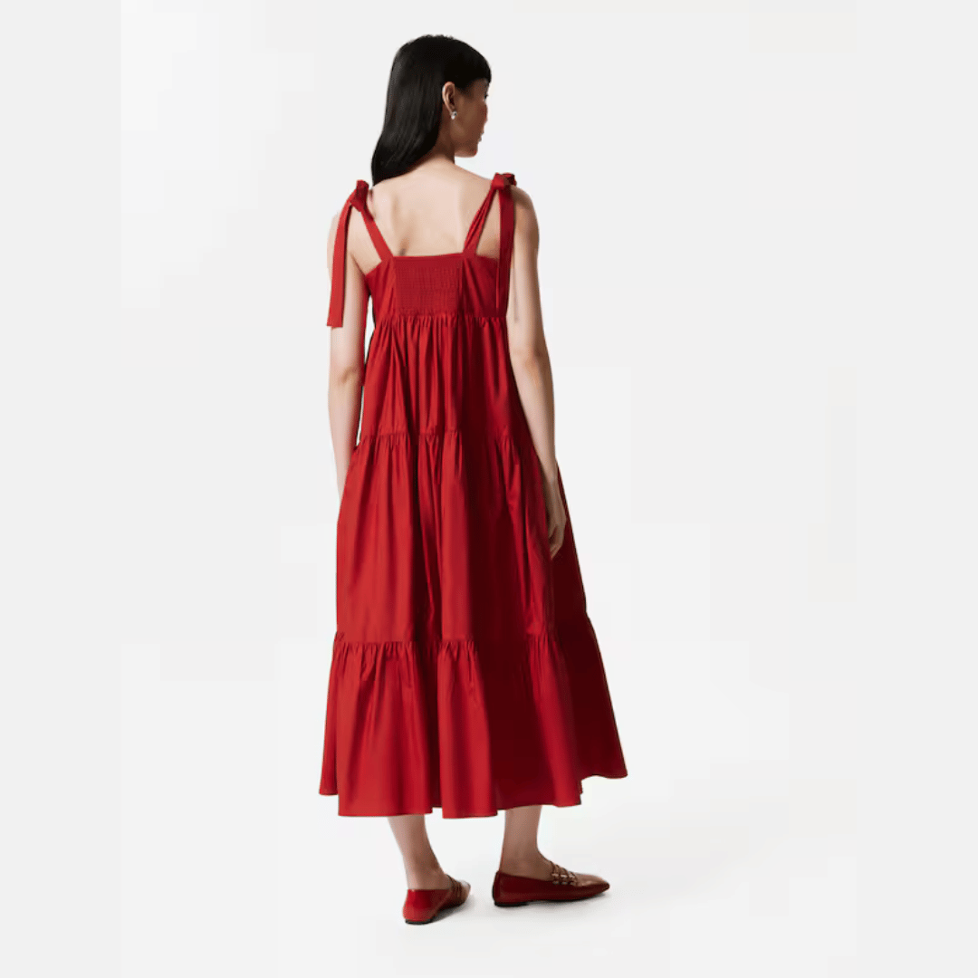 Red Tiered Tie-Strap Midi Dress