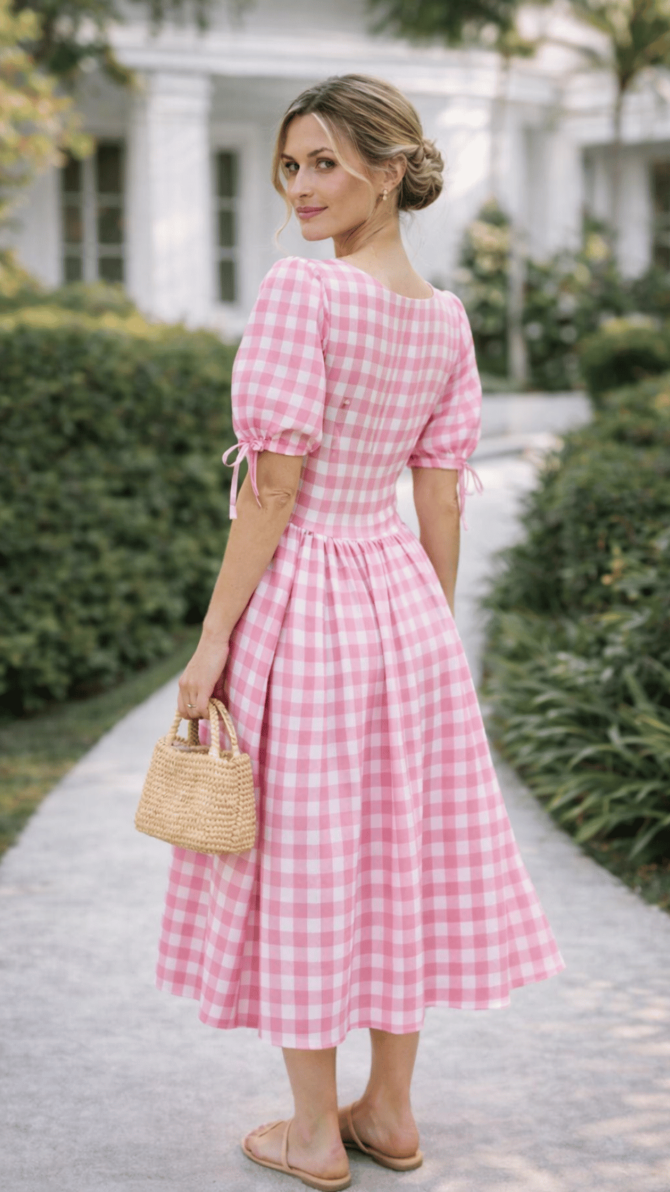 checkered pink and white dress Pink 1950s Spaghetti Strap Plaid Swing Dress