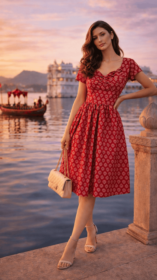 Carmine Red Printed Cotton Dress