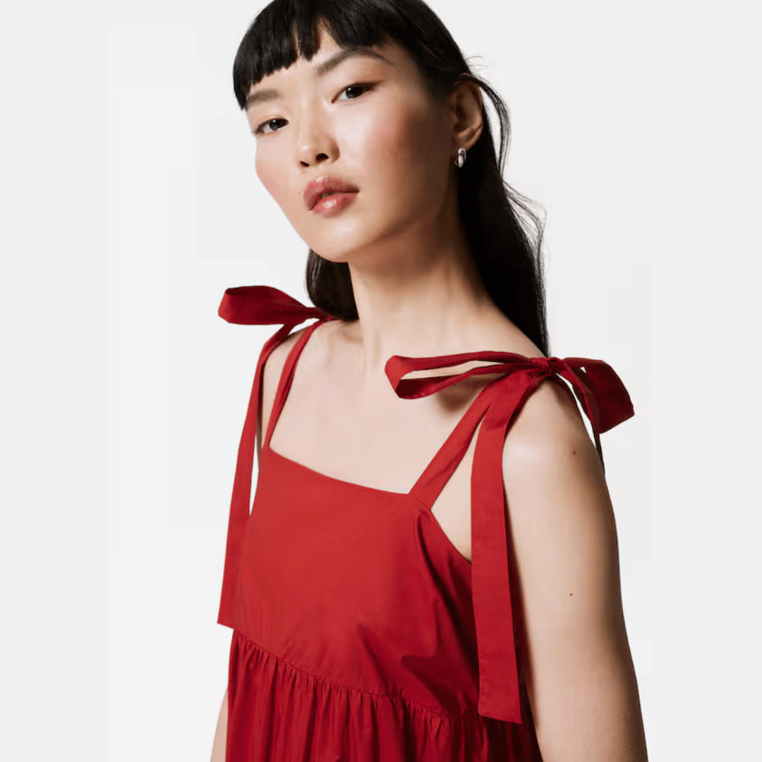 Red Tiered Tie-Strap Midi Dress