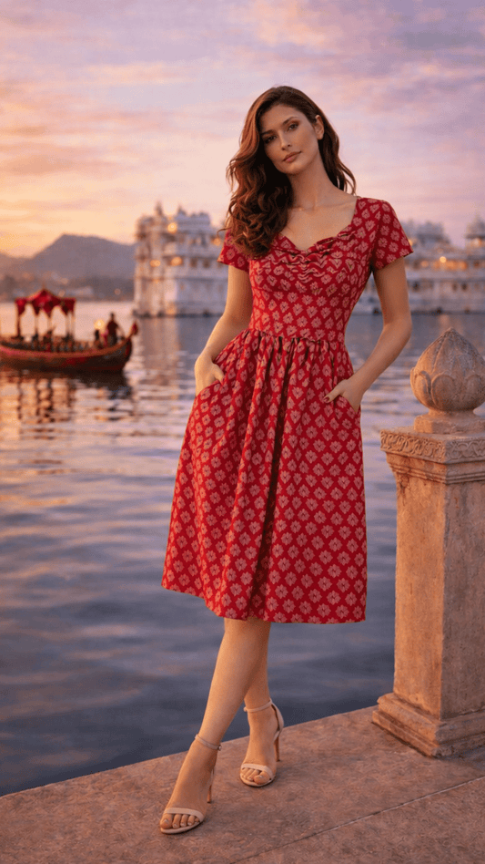 Carmine Red Printed Cotton Dress