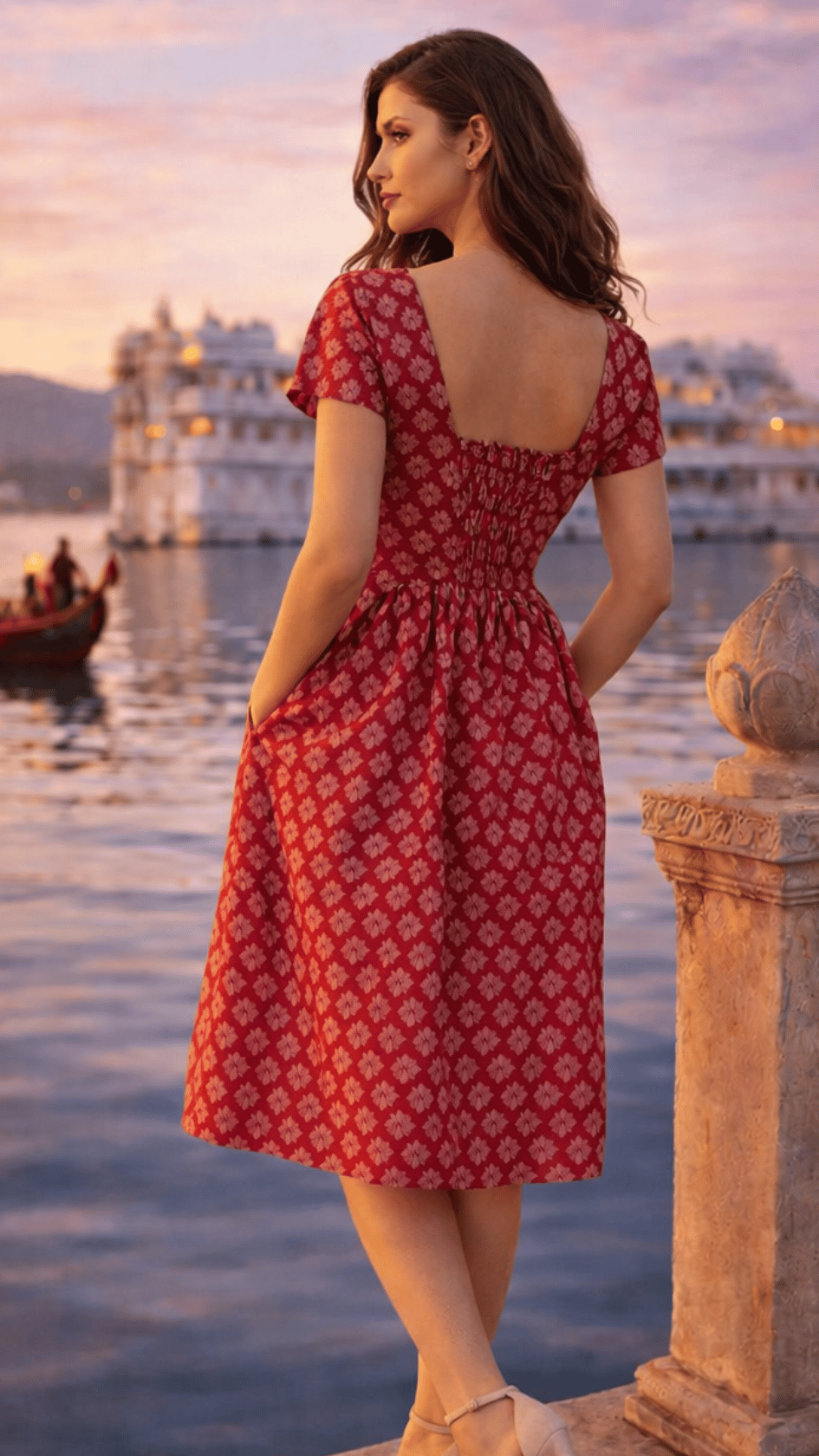 Carmine Red Printed Cotton Dress