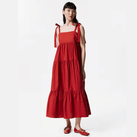 Red Tiered Tie-Strap Midi Dress