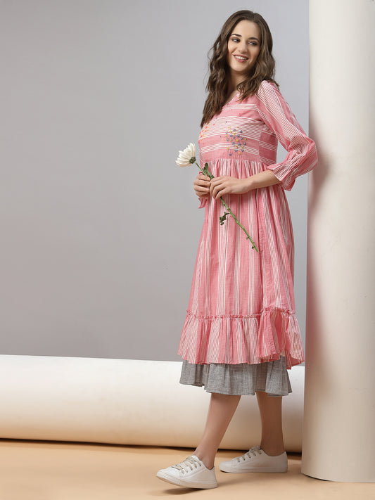 Pink stripes A-Line dress with hand embroidery