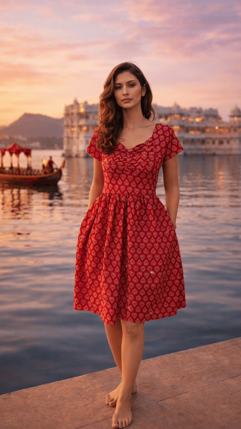 Carmine Red Printed Cotton Dress