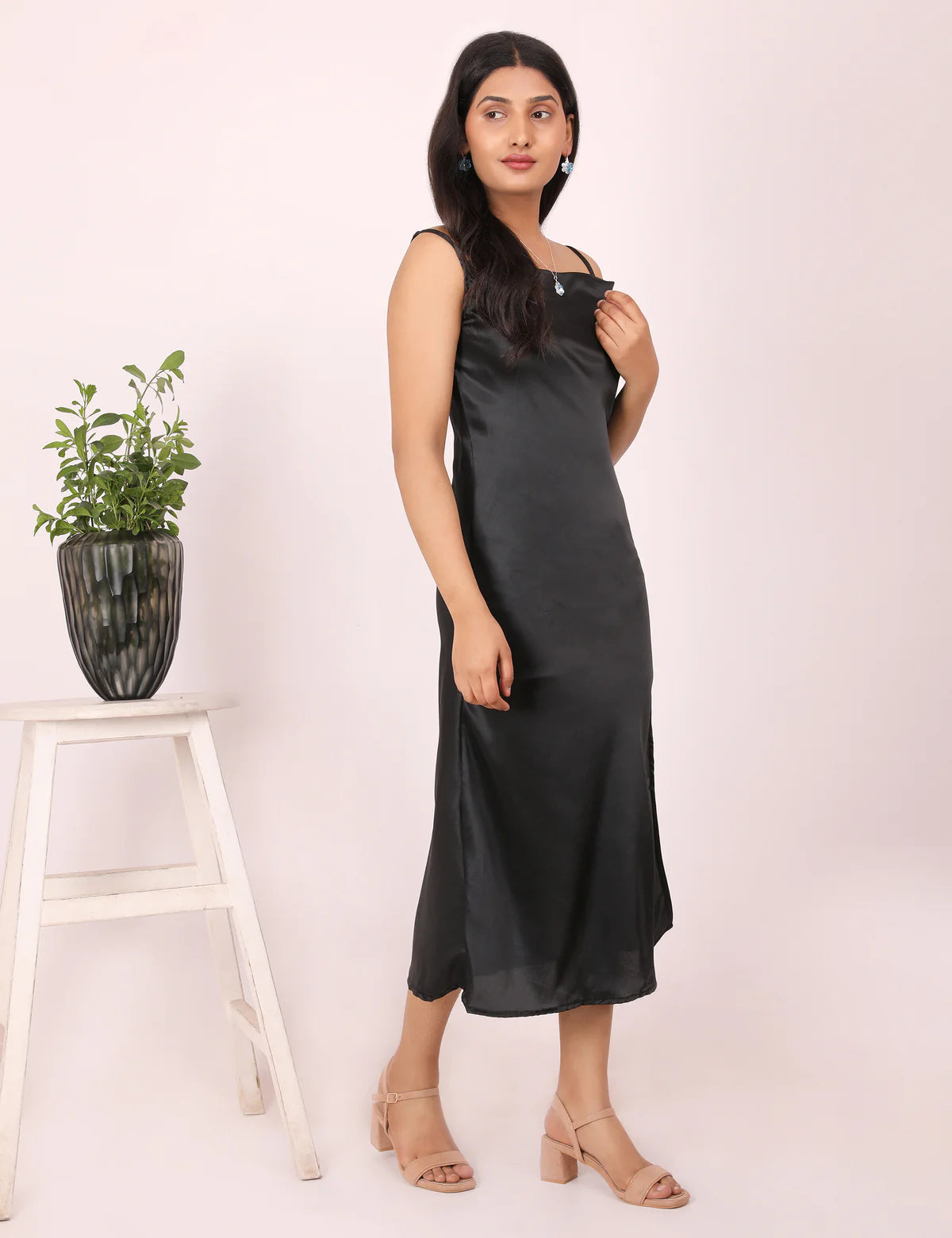 Black Calf Length Slit Satin dress