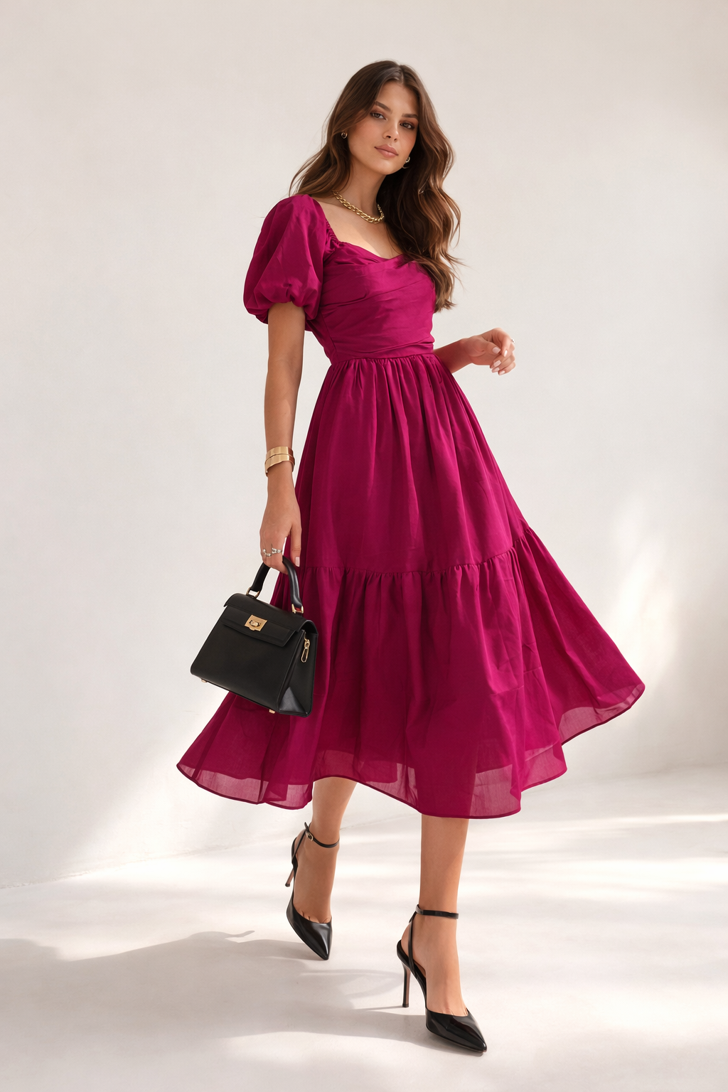 WINE MULMUL GATHERED SHIFT DRESS