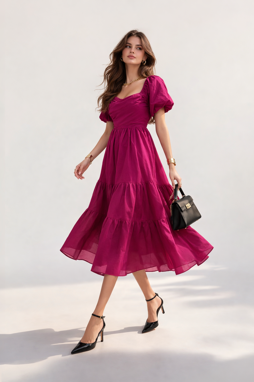 WINE MULMUL GATHERED SHIFT DRESS