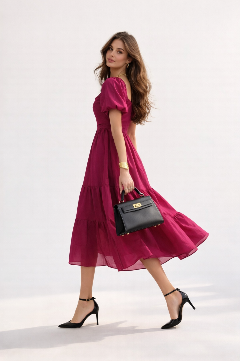 WINE MULMUL GATHERED SHIFT DRESS