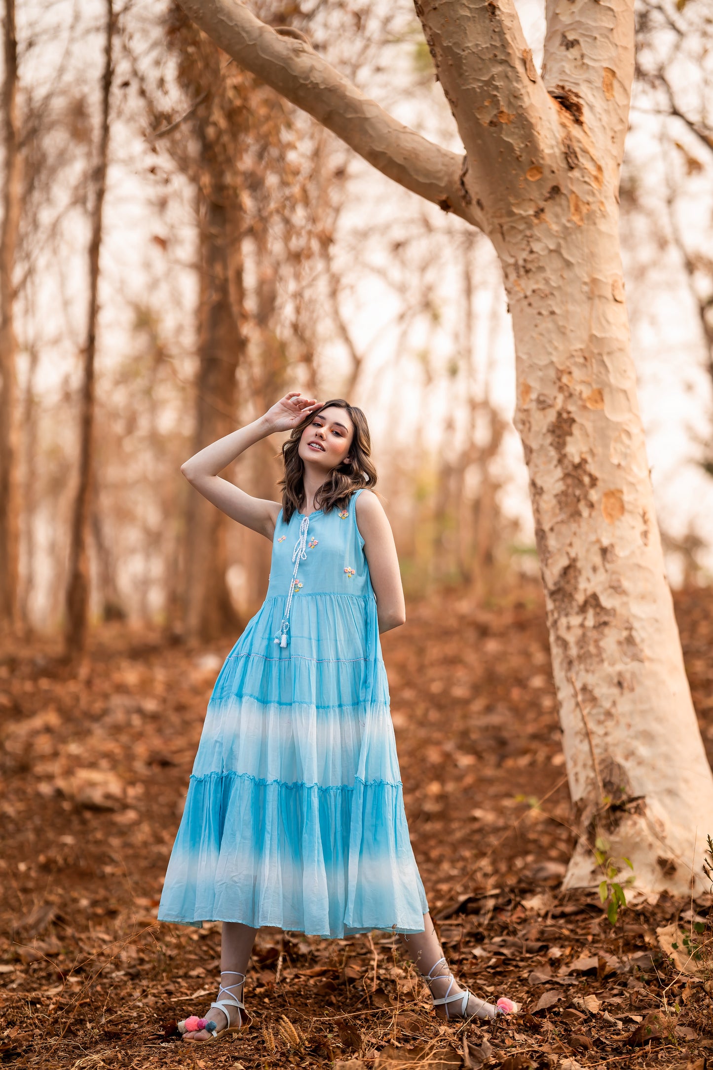 Blue Tye & Dye dress with hand embroidery