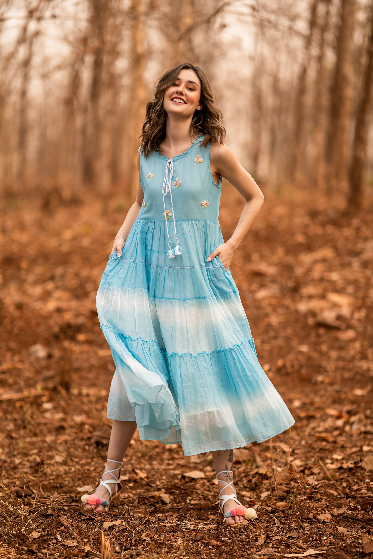 Blue Tye & Dye dress with hand embroidery