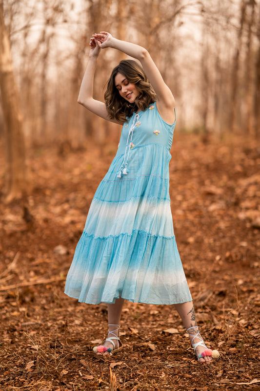 Blue Tye & Dye dress with hand embroidery