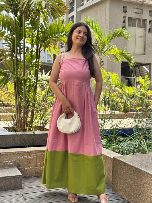 Pink Green Color Block Maxi Dress