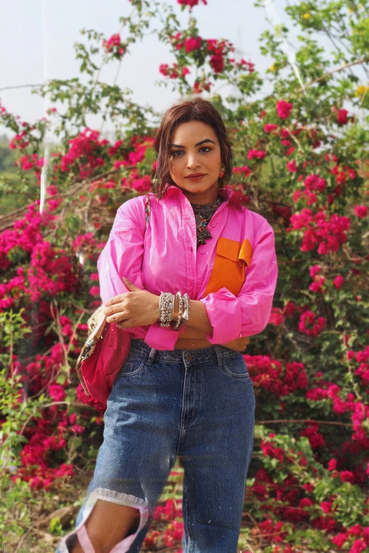 Pink shirt with orange Pocket