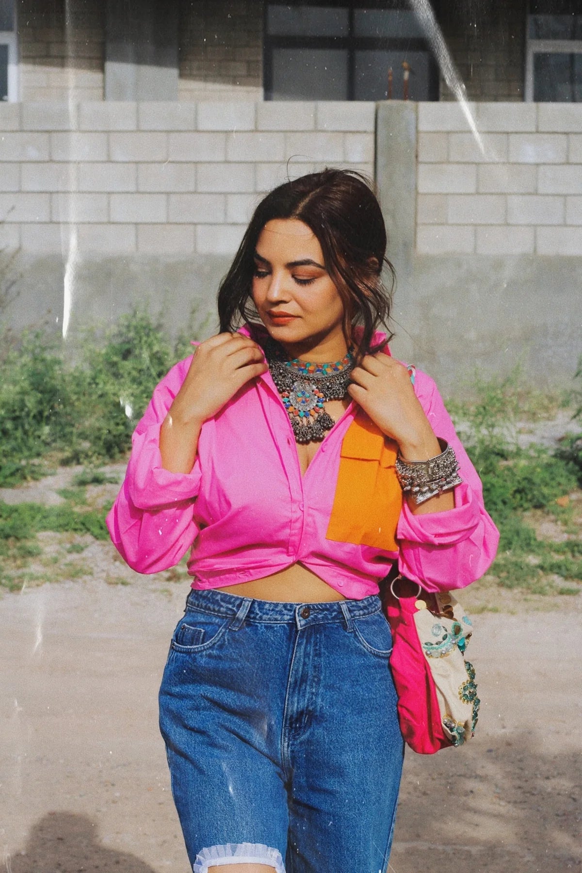 Pink shirt with orange Pocket