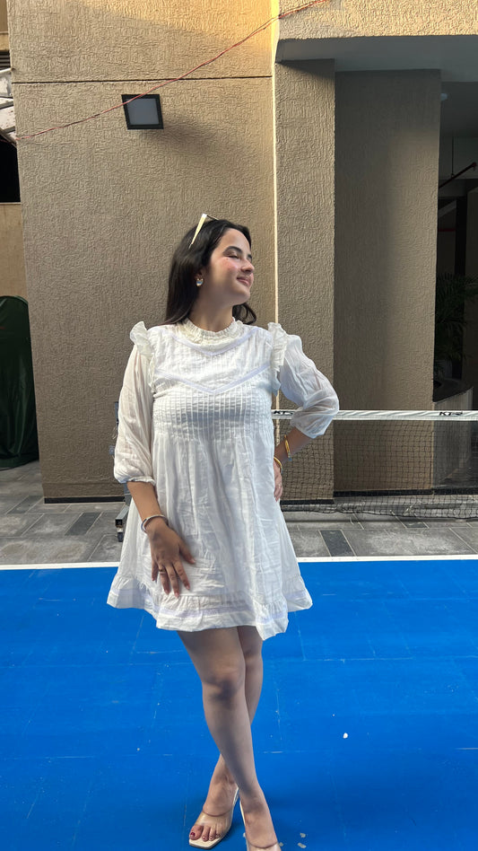 White Mulmul Ruffle Mini Dress